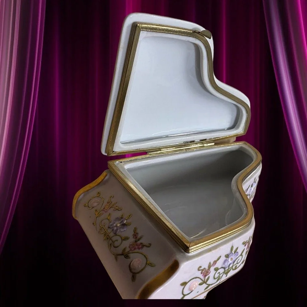 Vintage Piano Trinket Box Jewelry Japan Raised Embellished Floral Gold Trim